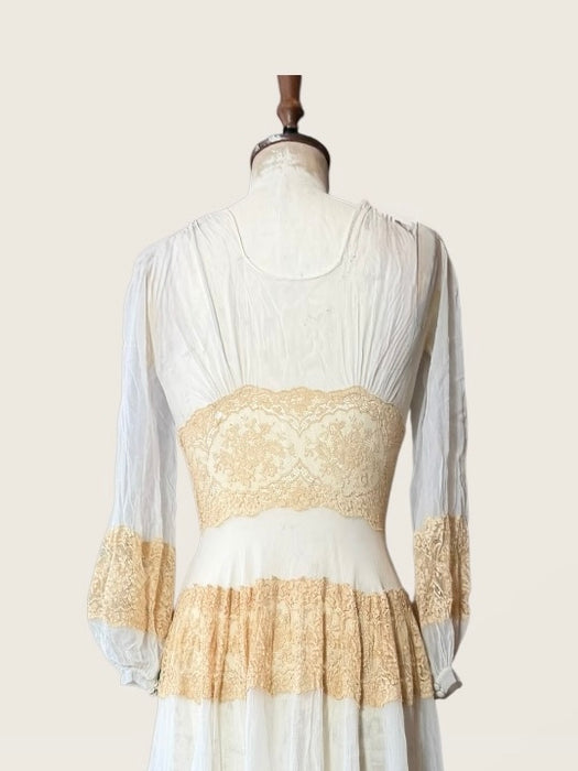 Sabine, 30s off white chiffon and cream lace tiered buttoned dress