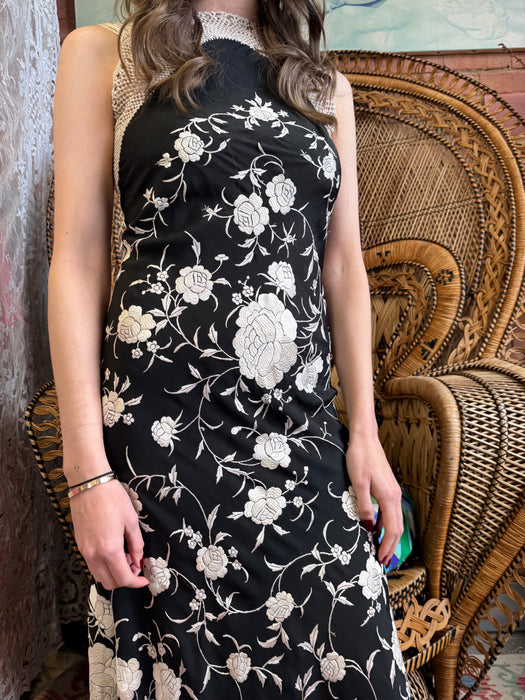 Tara, 40s silk embroidered floral shawl dress