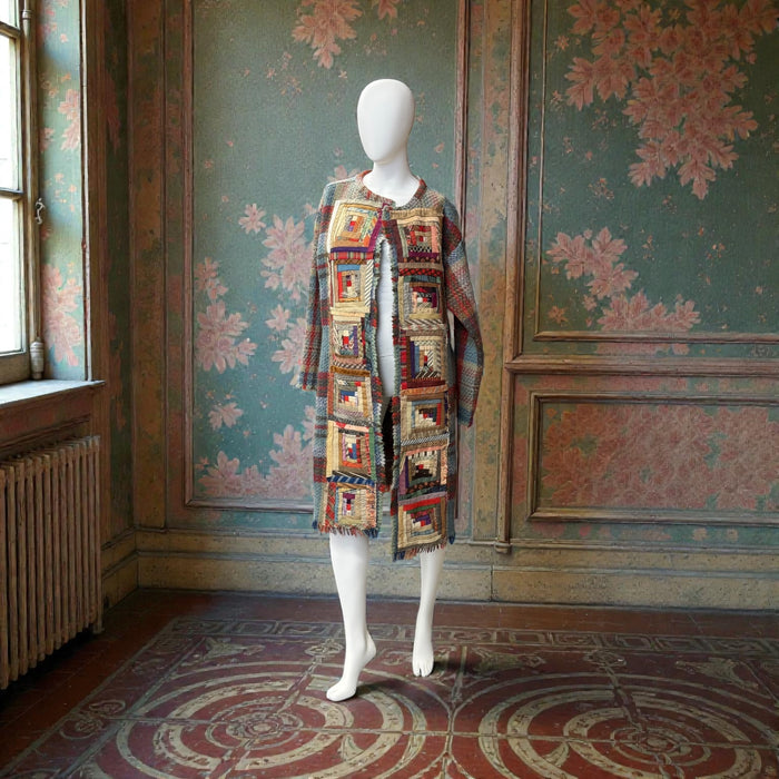 Kitty, reworked 70s blanket coat with Victorian patchwork samplers
