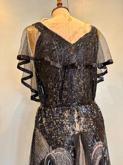 Megan, original 20s black sequins and net dress dress with beaded belt