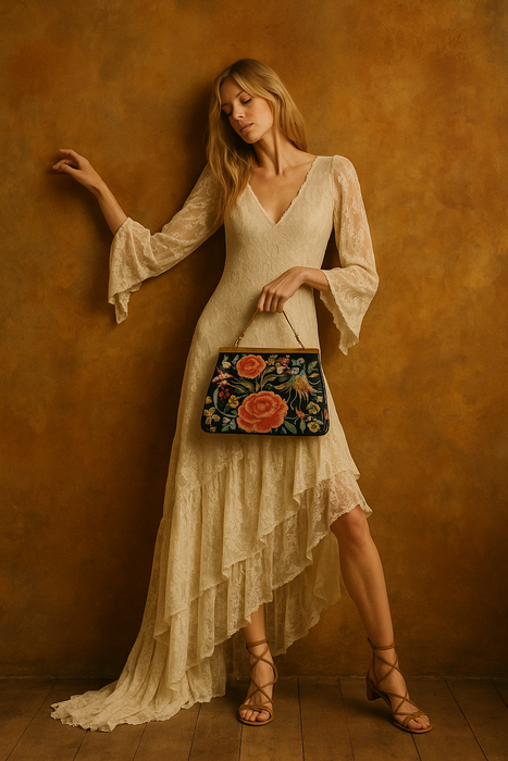 Virginia, original 40s embroidered floral handbag with brass etched cage
