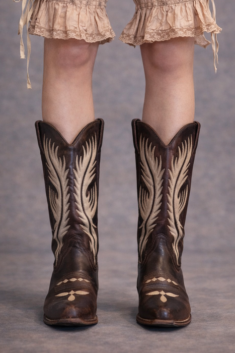 Ozark, 70s brown and cream tooled hand painted cowboy boots