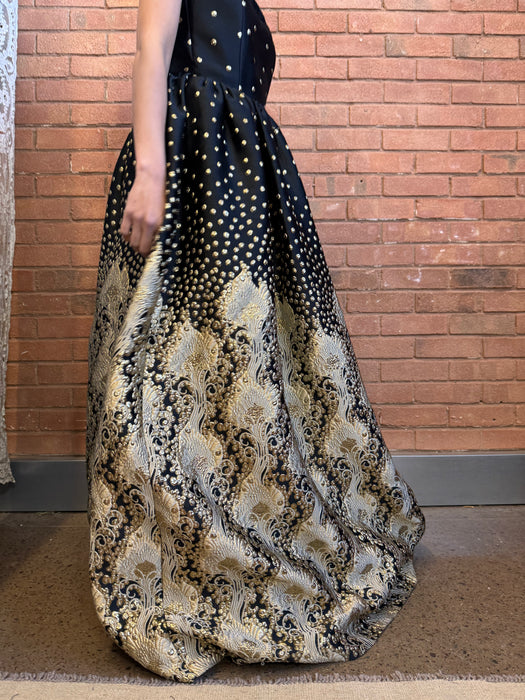 Alice, Y2K silk jacquard black and gold dress