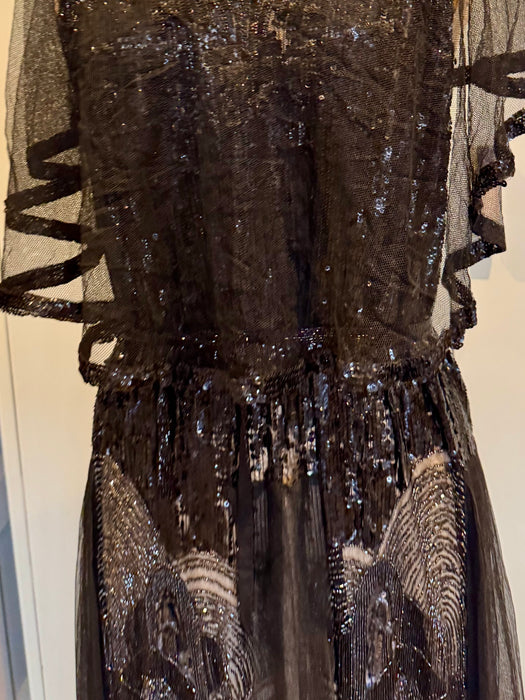Megan, original 20s black sequins and net dress dress with beaded belt
