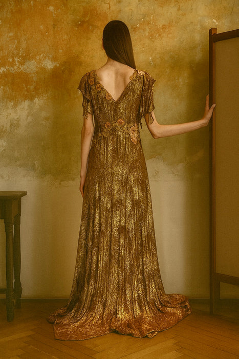 Astrid, 20s bronze/gold bias cut lamé dress with 18thC chenille floral accents