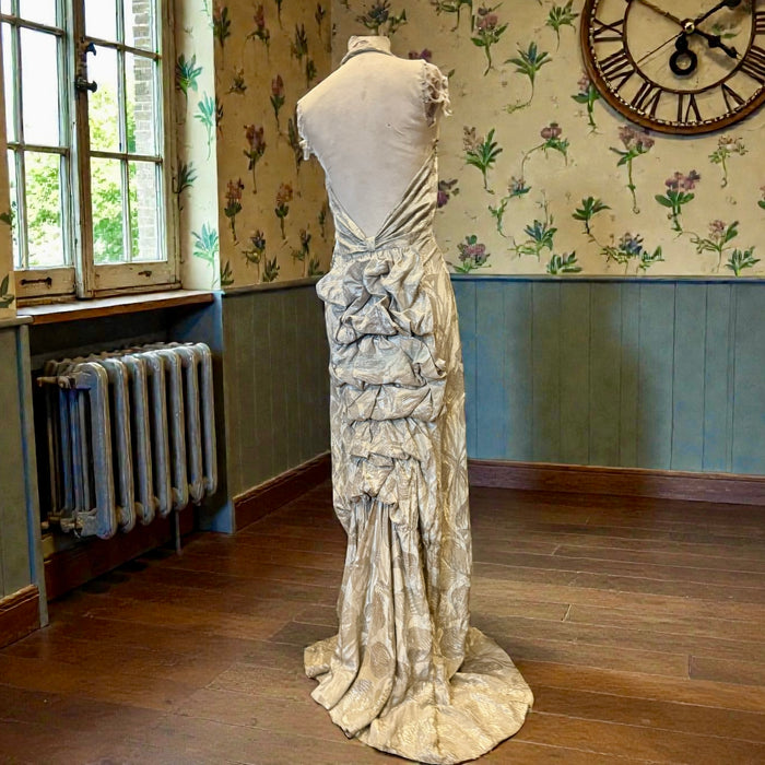 Monica, 20s silver floral lamé dress with bustle train