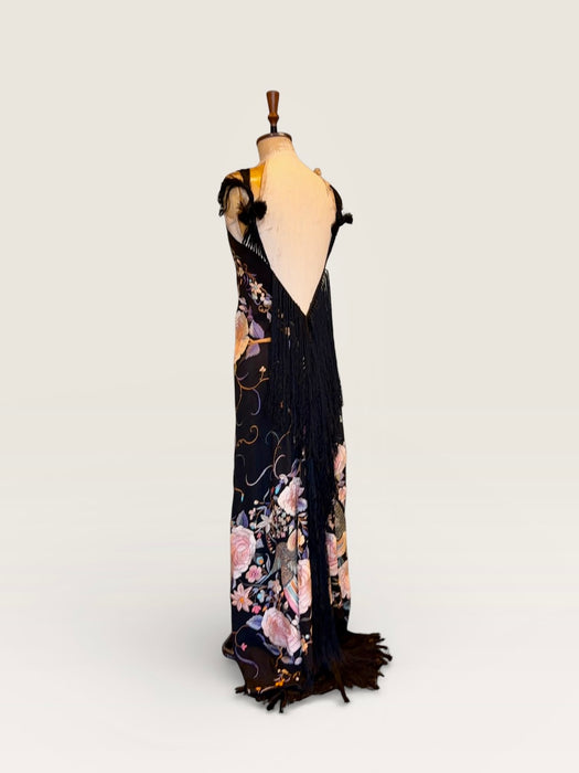 Angel, reworked 30s silk embroidered piano shawl bias cut dress