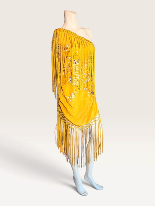 Magnolia, vintage floral silk embroidered piano shawl fringed, draped dress