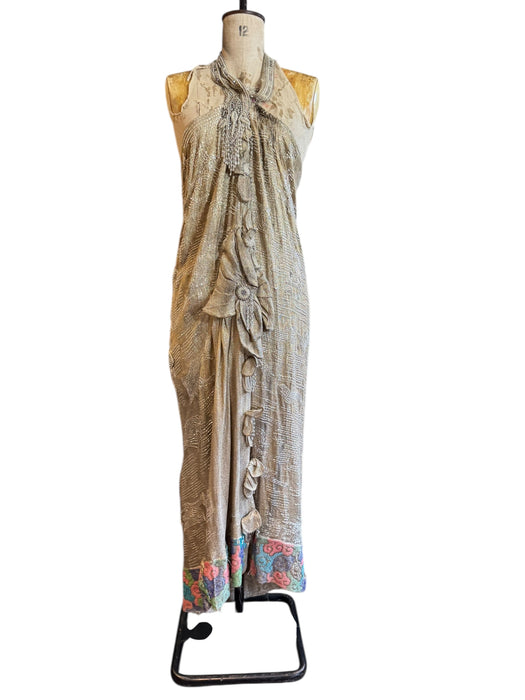 Rebecca, reworked 20s silver beaded lamé halter dress with floral motifs