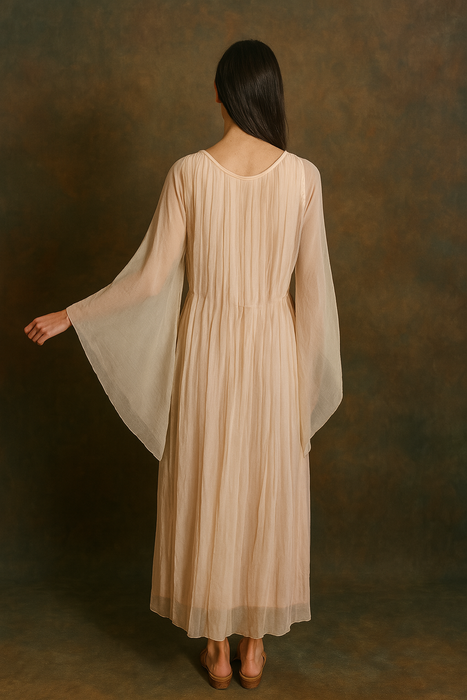 Adan, 30s blush pink silk chiffon angel sleeve pleated dress with florals and a ribbon tie