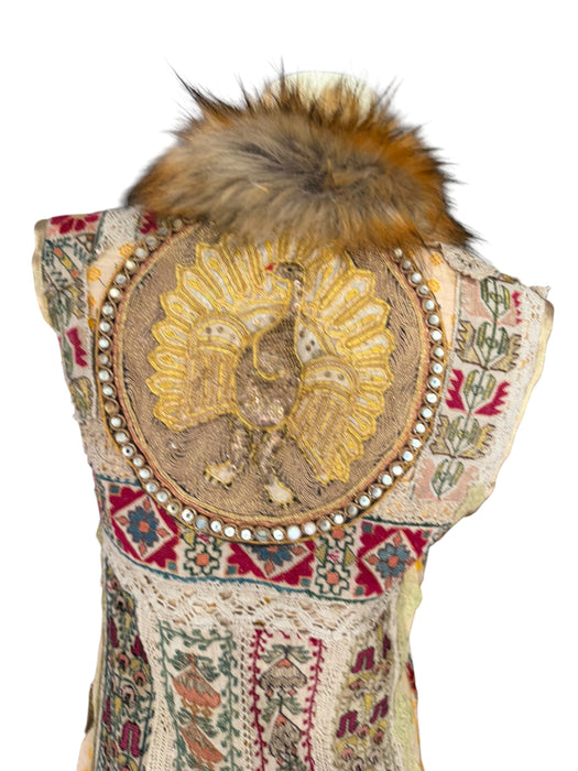 Chiara, 19th C Greek hand woven embroidered waistcoat with a faux fur collar and beaded side pocket