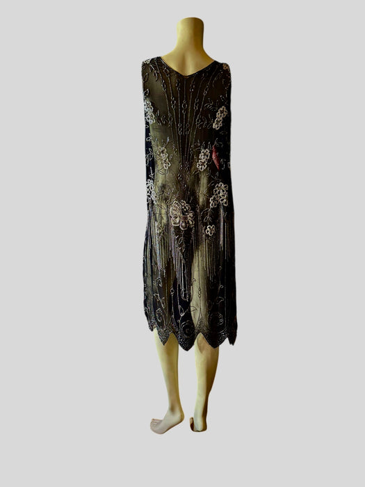 Tory, 20s black silk beaded fringed flapper dress