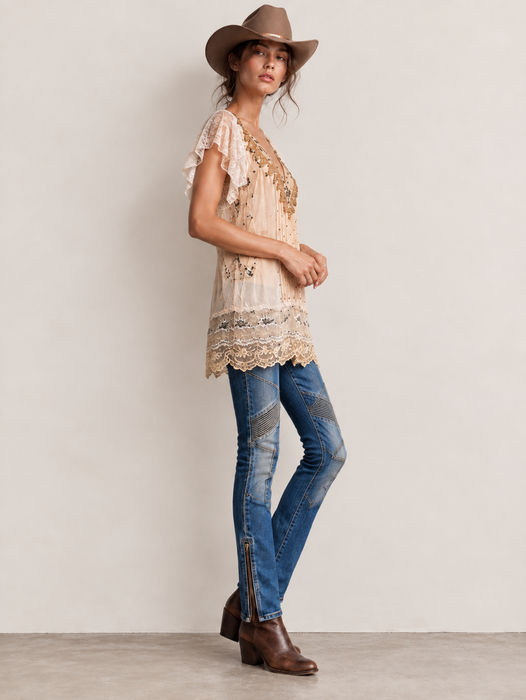 Ally, reworked 1920s silk and lace tunic with rhinestone detailing
