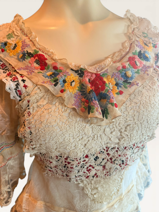 Paulina, reworked antique lace blouse with Romanian silk embroidered sleeves and collar