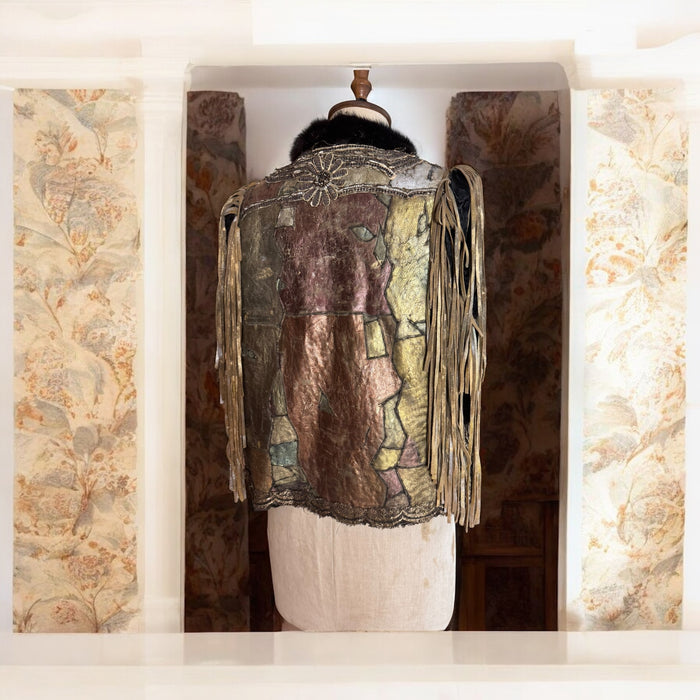 Tai, vintage metallic patchwork fringed sheepskin waistcoat