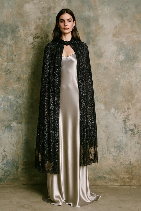 Tilly, original 20s black sequins long cape with beaded florals