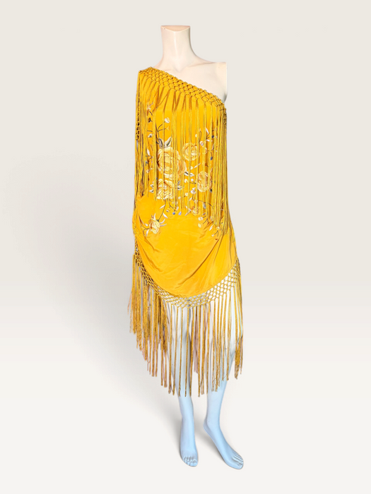 Magnolia, vintage floral silk embroidered piano shawl fringed, draped dress