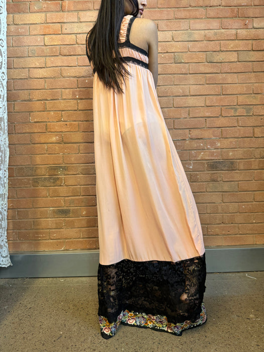 Shirah, 20s peach silk and black lace dress