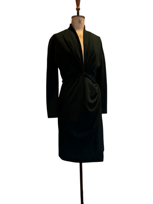 Donna Karen, Y2K bottle green wool draped wrap over dress