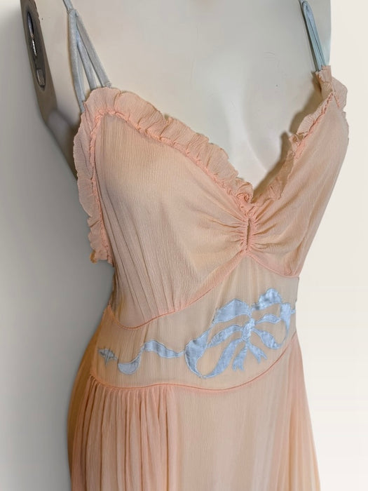 Estelle, 1930s pink and blue silk and lace smocked dress