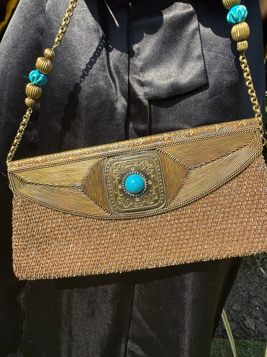 Kylie, 30s gold and turquoise beaded handbag