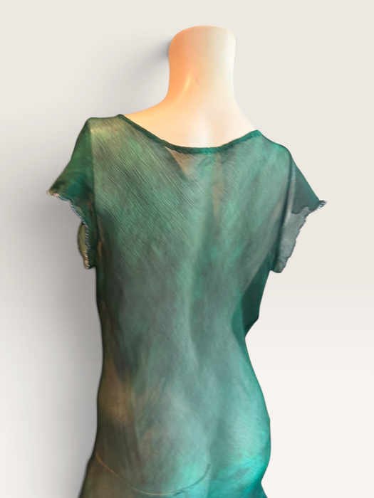 Ronda, hand dyed emerald green bias cut, asymmetric vintage chiffon beaded dress