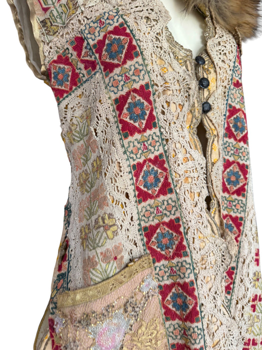 Chiara, 19th C Greek hand woven embroidered waistcoat with a faux fur collar and beaded side pocket