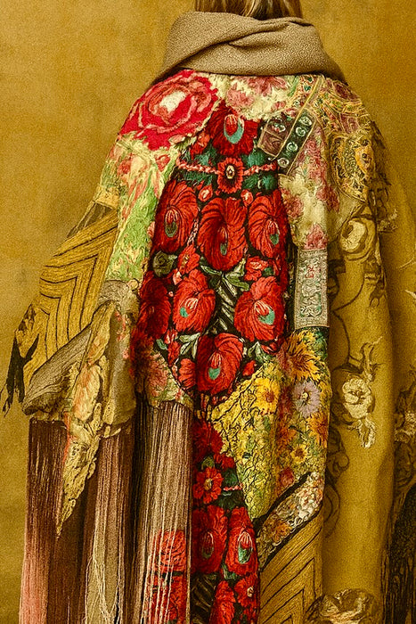 Adonis, 40s Irish wool hooded patchwork fringed coat