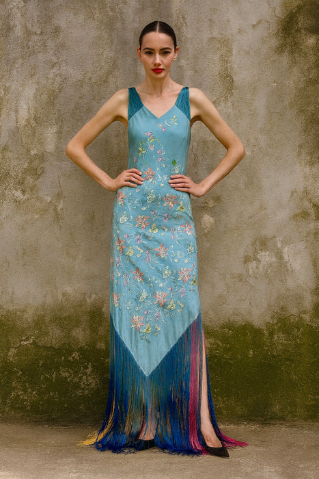 Bella, reworked blue embroidered ombré fringed dress