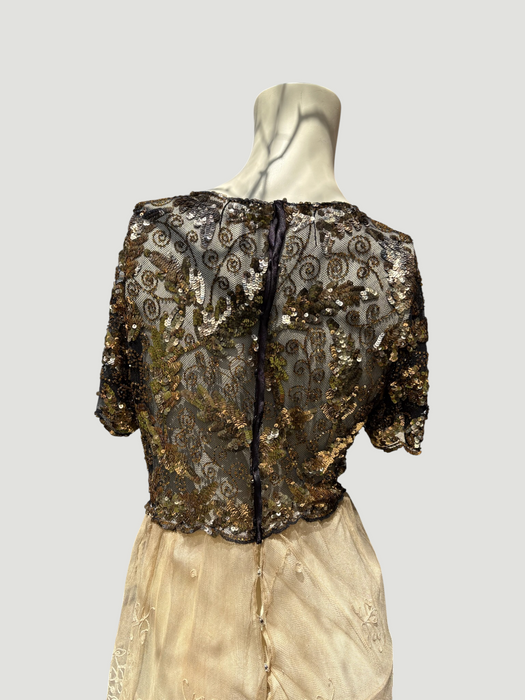 Daisy, 20s black and gold floral sequins and Victorian ecru lace dress
