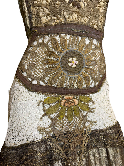 Miter, reworked 1920s French gold lamé and lace dress with Edwardian embroidery