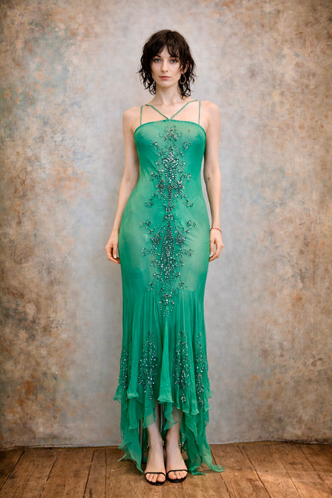 Esmeralda, 90s bias cut chiffon beaded dress with handkerchief silhouette