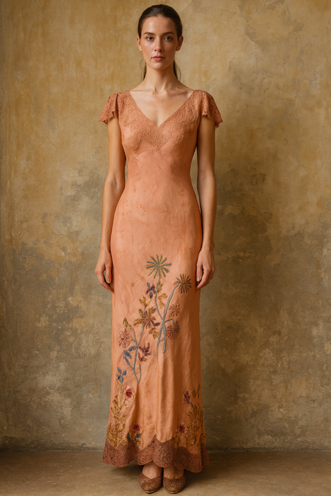 Klay, 20s silk and lace bias cut hand dyed in ombré hues and embroidered dress