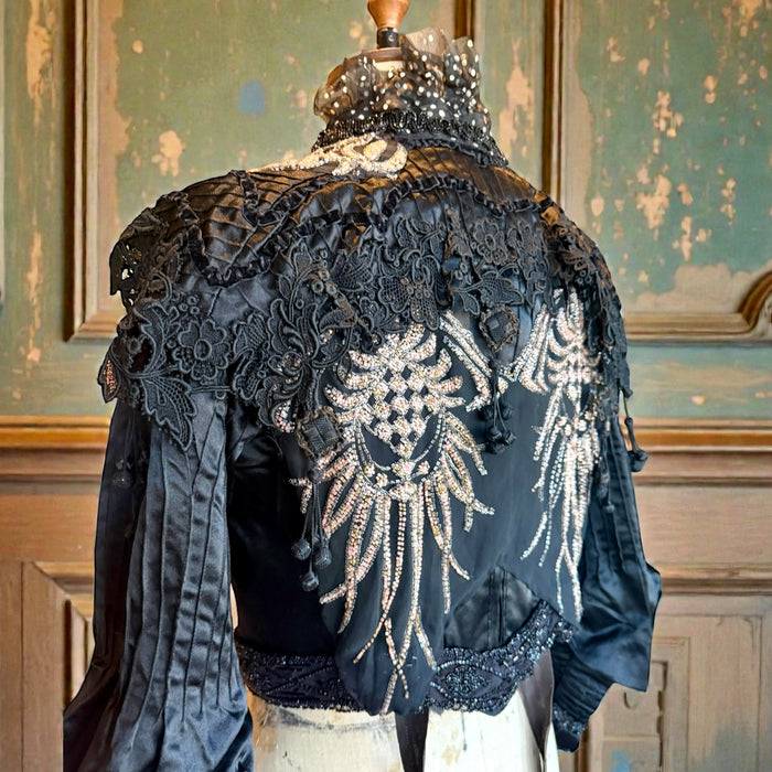 Raine, embellished Victorian silk and beaded silk black jacket