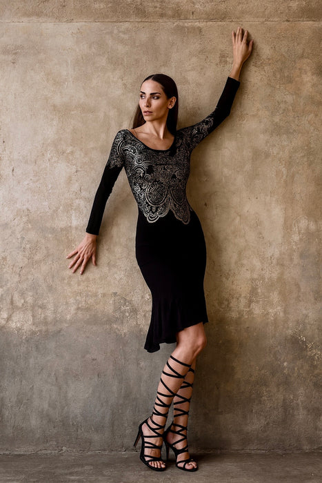 Buddhist Punk, 90s jersey beaded asymmetrical dress