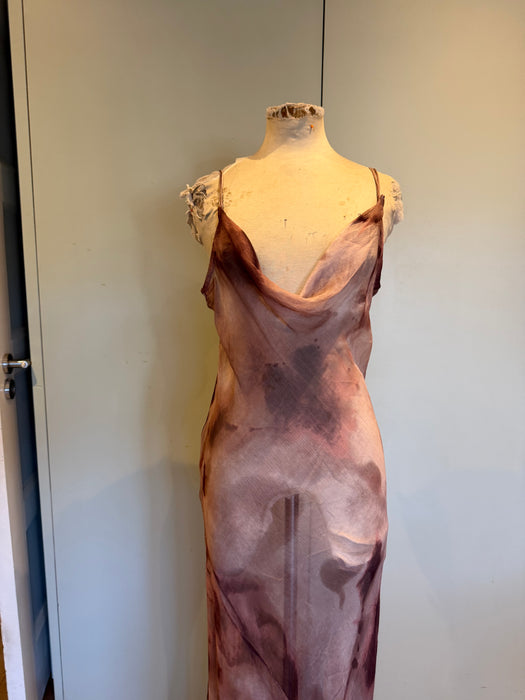 Monique, 90s antique pink hand dyed silk chiffon bias cut sheer dress