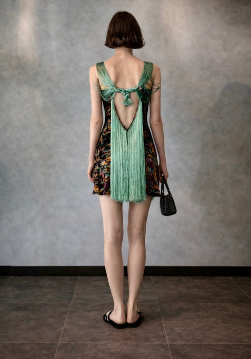 Radcliffe, reworked 20s silk devoré floral fringed dress