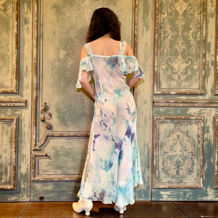 Aqua, 90s pale blues, bias cut chiffon dress with frill sleeves