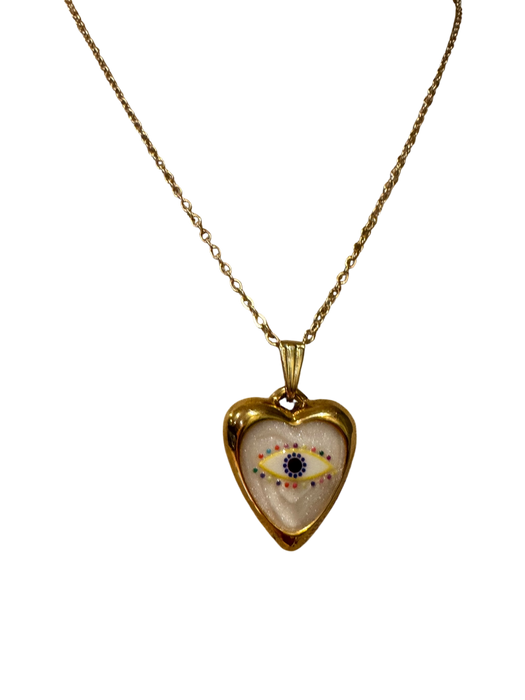 Erin, vintage heart shape ceramic eye charm and 14 c gold pendant and chain