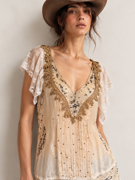 Ally, reworked 1920s silk and lace tunic with rhinestone detailing