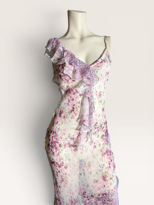 Lilly, 90s silk chiffon floral, bias cut frill dress