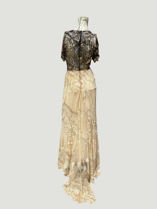 Daisy, 20s black and gold floral sequins and Victorian ecru lace dress