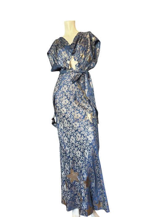 Slay, 30s blue and silver lamé bias cut dress with silver stars