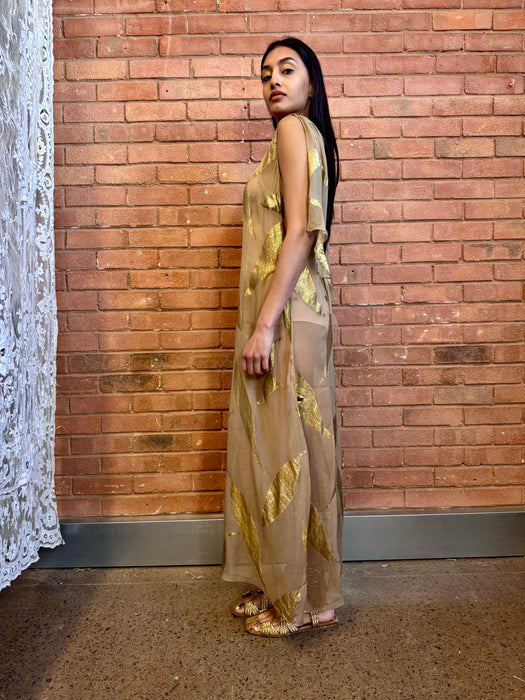 Molly, 20s silk chiffon dress with gold leaf print