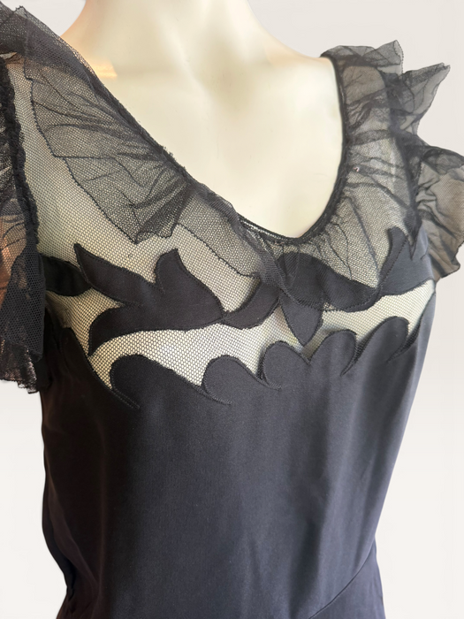 Oriel, 30s black net silk cut out frill dress