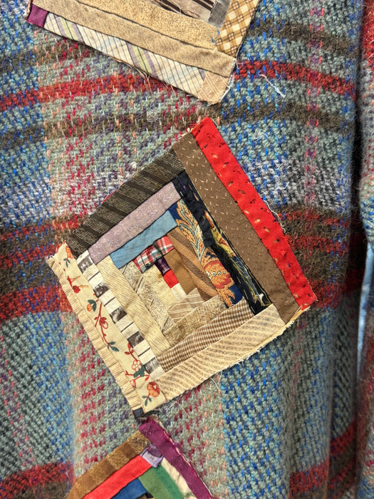 Kitty, reworked 70s blanket coat with Victorian patchwork samplers