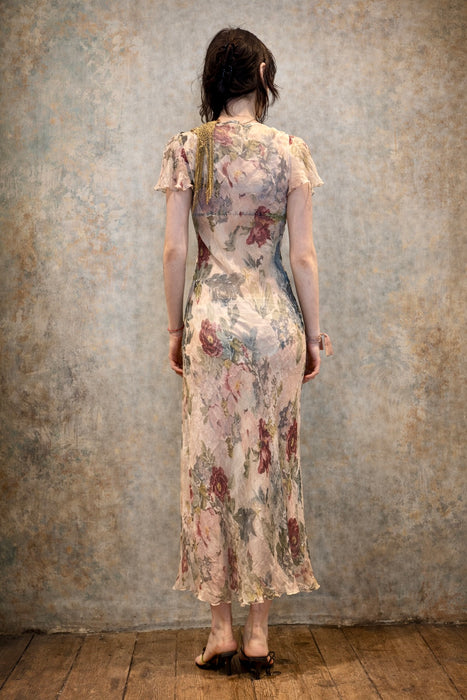 Serena, vintage silk chiffon floral bias cut short sleeve dress