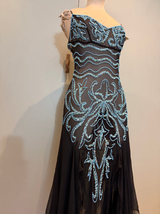 Fabia, 90s silk chiffon turquoise beaded dress