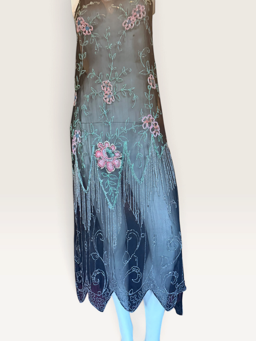 Dana, reworked 1920s black beaded floral fringed silk chiffon scalloped dress