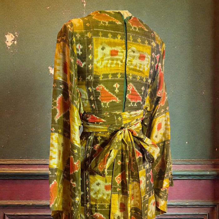 Thea Porter, Couture 70s silk print angel sleeve tiered dress